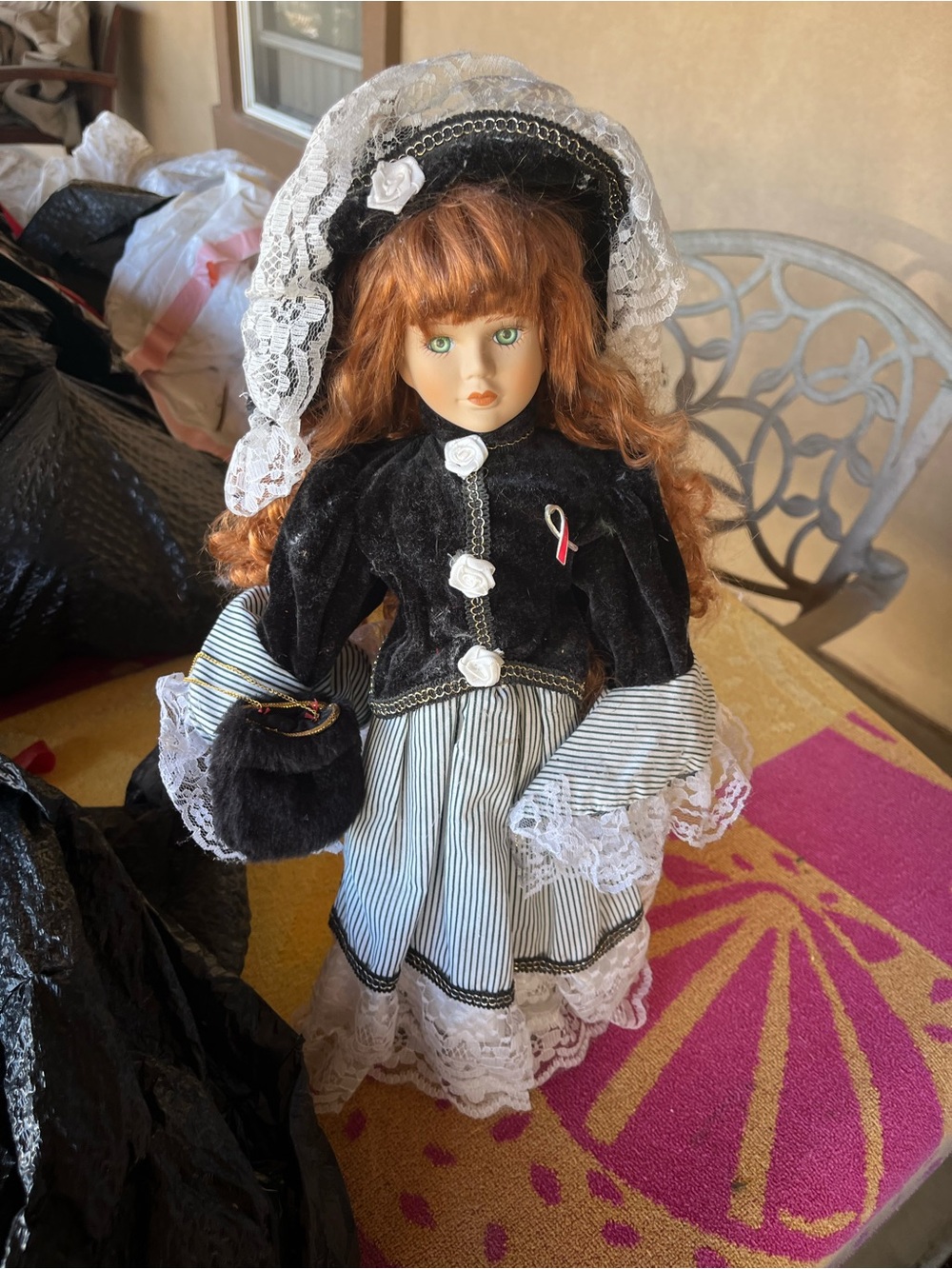 Collectible Porcelain Doll in Black and White Victorian Dress